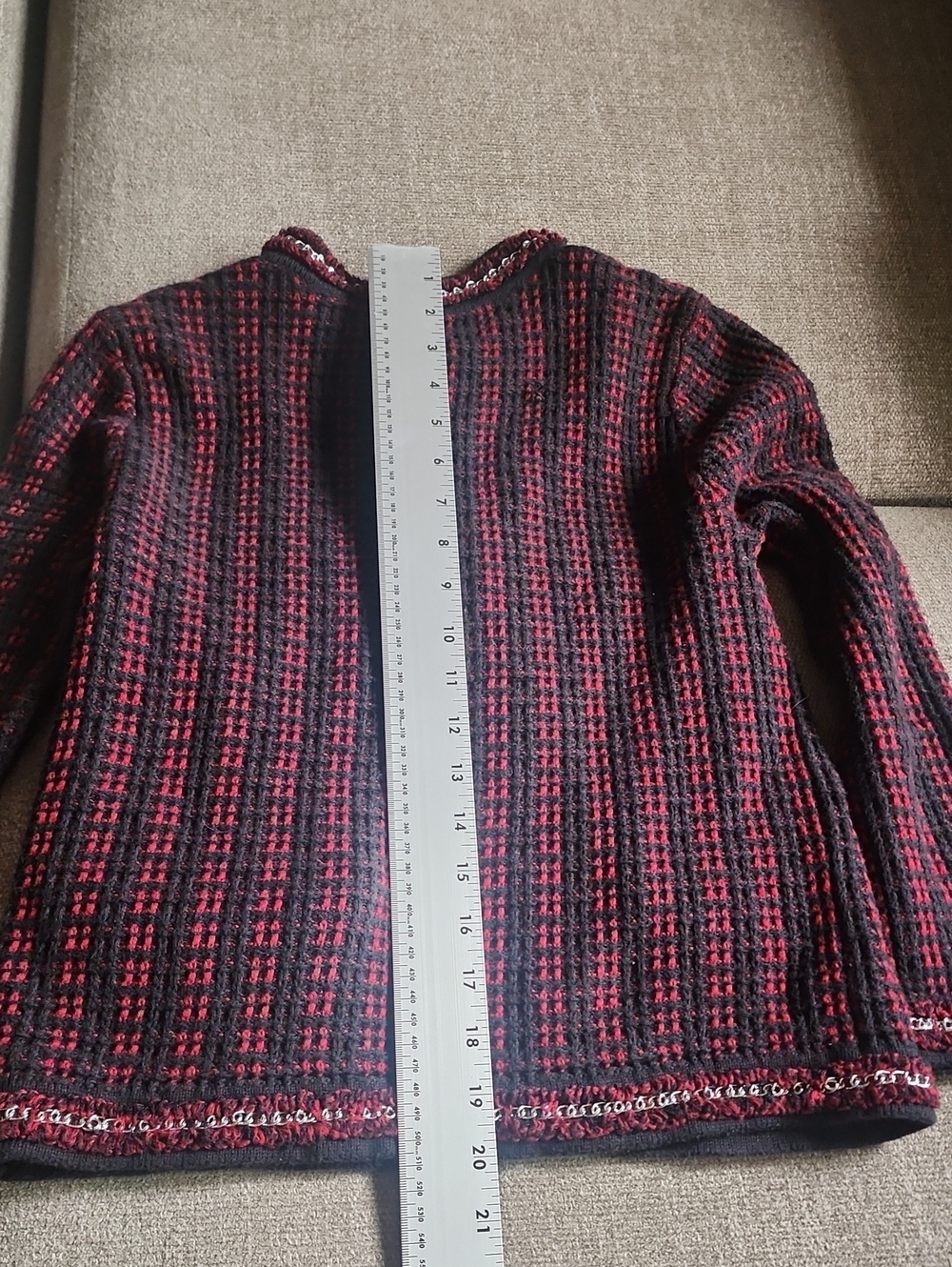 Alice + Olivia Tweed Knit Jacket Burgundy Black Fringe Trim Open Front Blazer - Picture 11 of 12